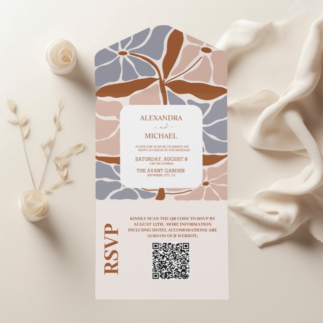 Invitation Tout En Un QR Code Boho Chic Retro Mariage floral (Créateur téléchargé)