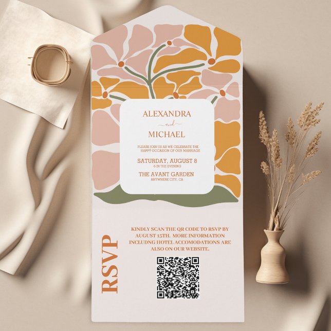 Invitation Tout En Un QR Code Boho Chic Retro Mariage floral (Créateur téléchargé)