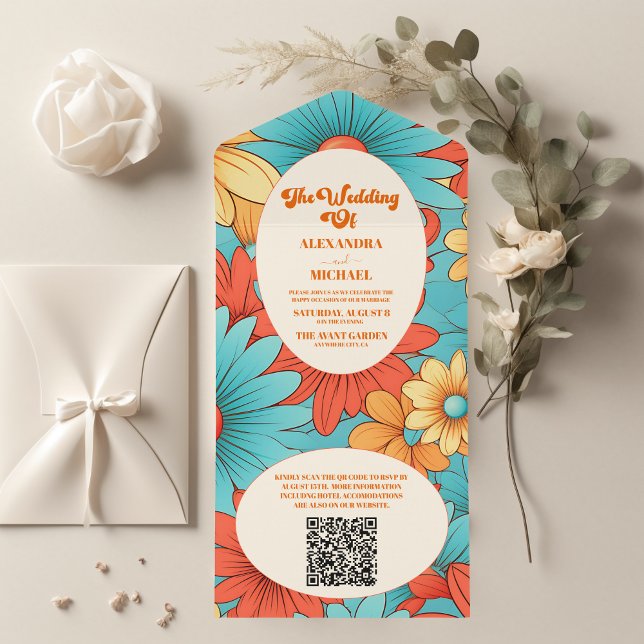 Invitation Tout En Un QR Code Boho Retro Floral Mariage (Créateur téléchargé)