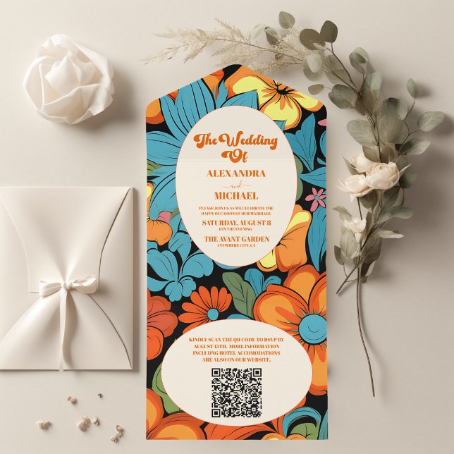 Invitation Tout En Un QR Code Boho Seventies Retro Floral Mariage (Créateur téléchargé)