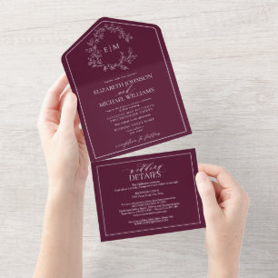 Invitation Tout En Un QR Code Bourgogne Mariage de monogramme de crête f