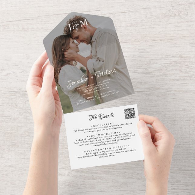 Invitation Tout En Un QR Code Budget Monogramme Photo Overlay Mariage (Déchirure)