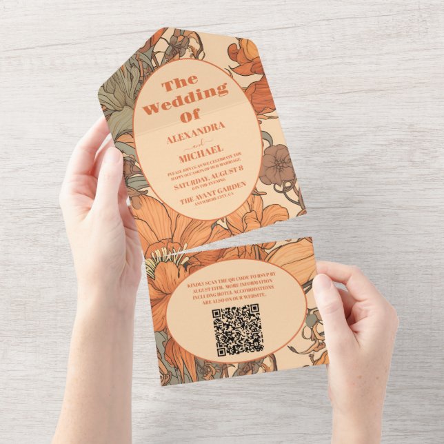 Invitation Tout En Un QR Code Burange Floral Art Nouveau Mariage (Déchirure)