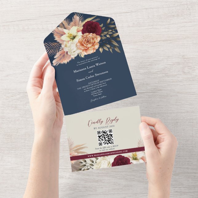 Invitation Tout En Un QR Code Burgundy Marine Floral Mariage (Déchirure)