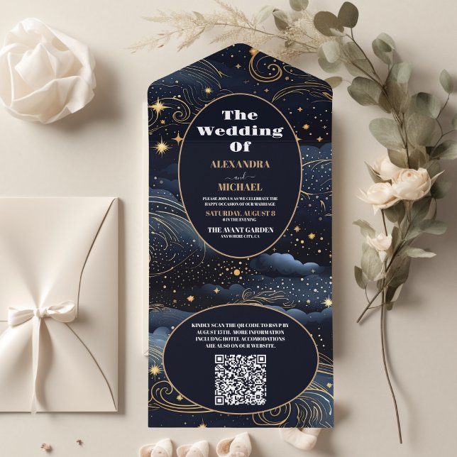 Invitation Tout En Un QR Code Celestial Midnight Blue Stars Moon Mariage (Créateur téléchargé)