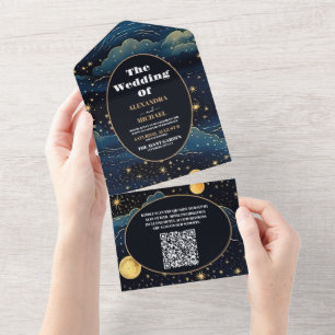 Invitation Tout En Un QR Code Celestial Midnight Blue Stars Moon Mariage