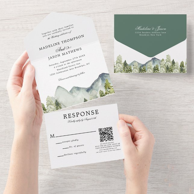 Invitation Tout En Un Qr Code Classic Mountain Forest Mariage d'aquarell (Créateur téléchargé)
