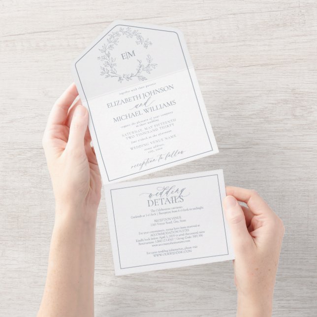 Invitation Tout En Un QR Code Dusty Blue Leafy Crest Monogram Mariage (Déchirure)