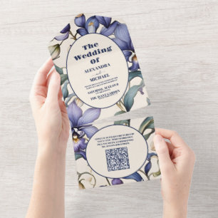 Invitation Tout En Un QR Code Elegant Aquarelle Bleu Floral Mariage