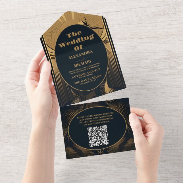 Invitation Tout En Un QR Code Elegant Art Déco Peacocks Mariage (Déchirure)