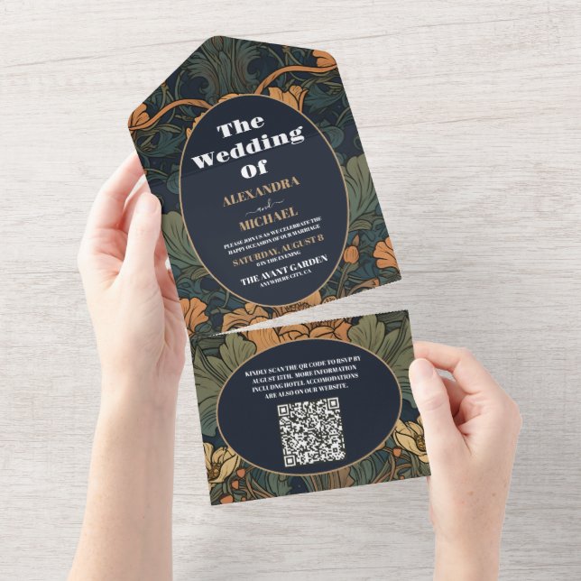 Invitation Tout En Un QR Code élégant Floral Art Nouveau Mariage (Déchirure)