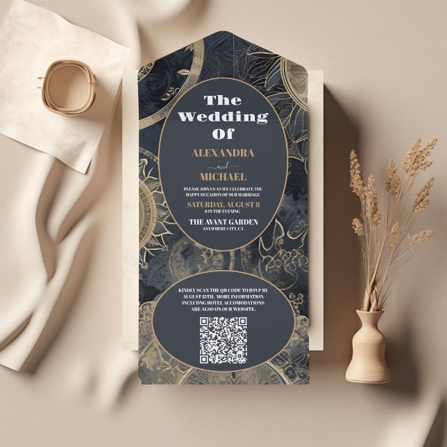 Invitation Tout En Un QR Code Elegant Mariage céleste d'or argent (Créateur téléchargé)