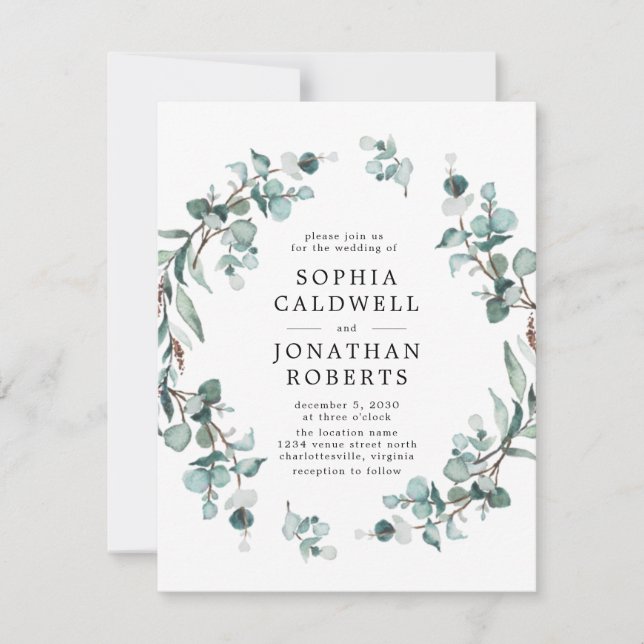 Invitation Tout en un QR Code Eucalyptus Mariage vert (Devant)