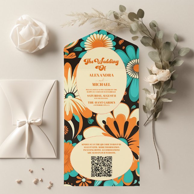 Invitation Tout En Un QR Code Floral Super Mariage rétro (Créateur téléchargé)