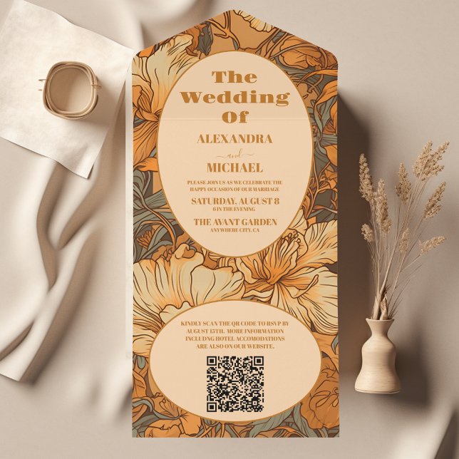 Invitation Tout En Un QR Code Gold Floral Art Nouveau Mariage (Créateur téléchargé)