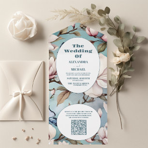 Invitation Tout En Un QR Code Magnolia Blush Rose Mariage Floral