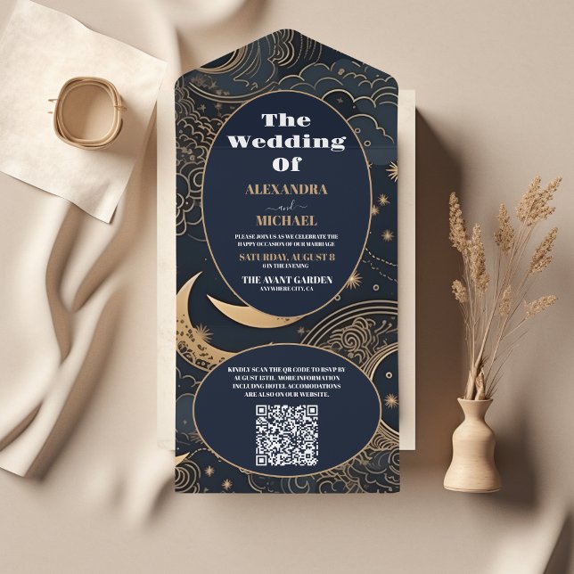Invitation Tout En Un QR Code Midnight Blue Gold CelestiMariage (Créateur téléchargé)