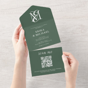 Invitation Tout En Un QR Code Moderne minimaliste Mariage vert de forêt