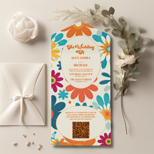 Invitation Tout En Un QR Code Moderne Retro 70's Daisy Mariage