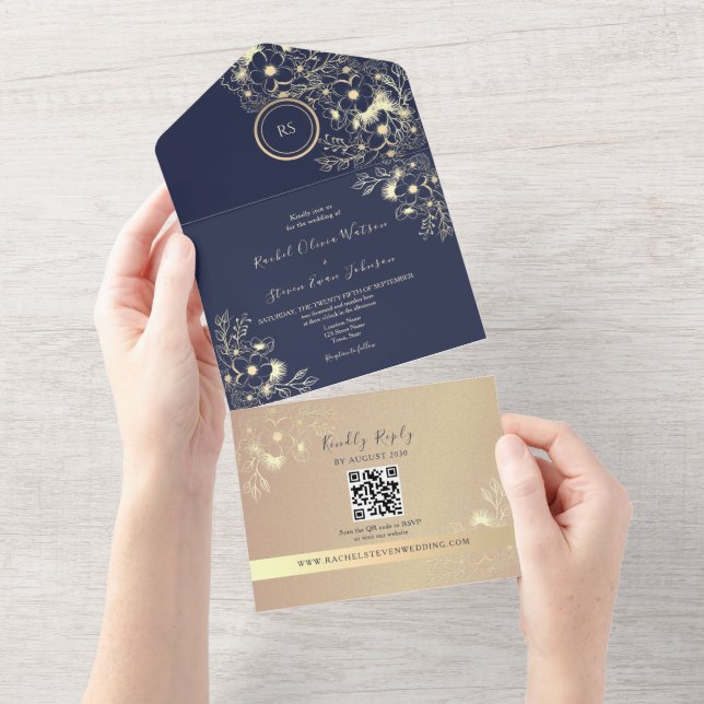 Invitation Tout En Un QR Code Navy Rose Gold Wedding (Déchirure)