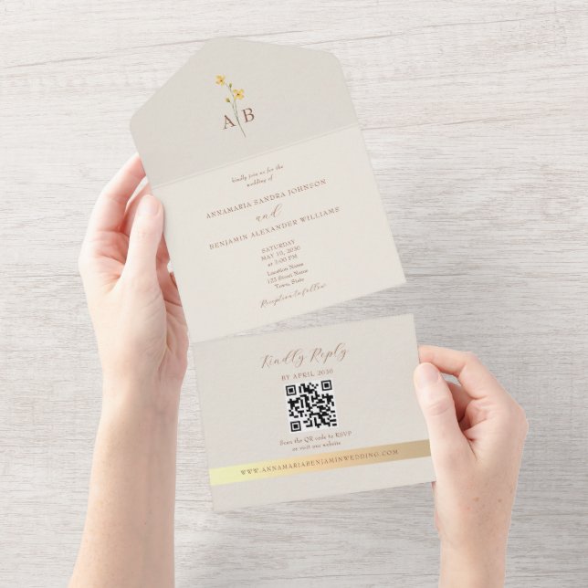 Invitation Tout En Un QR Code Neutral Ivory Gold Wildflower Wedding (Déchirure)