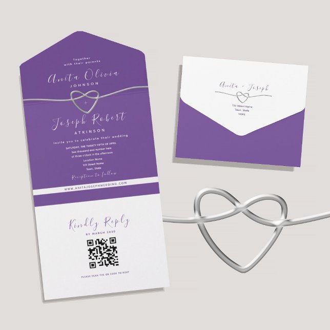 Invitation Tout En Un QR Code Purple Silver Mariage du coeur (Créateur téléchargé)