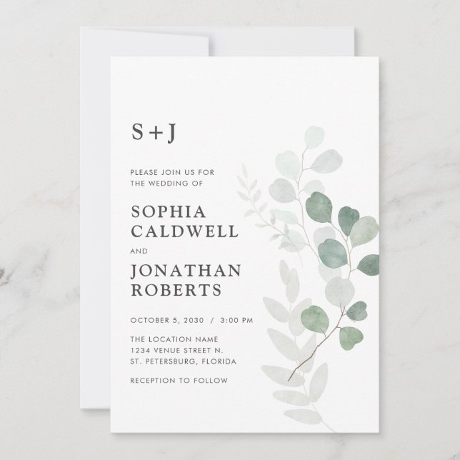 Invitation Tout en un QR Code RSVP Airy Eucalyptus Mariage (Devant)