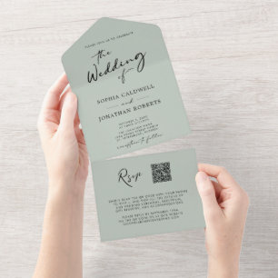 Invitation Tout En Un QR Code RSVP Calligraphie Sage Mariage vert
