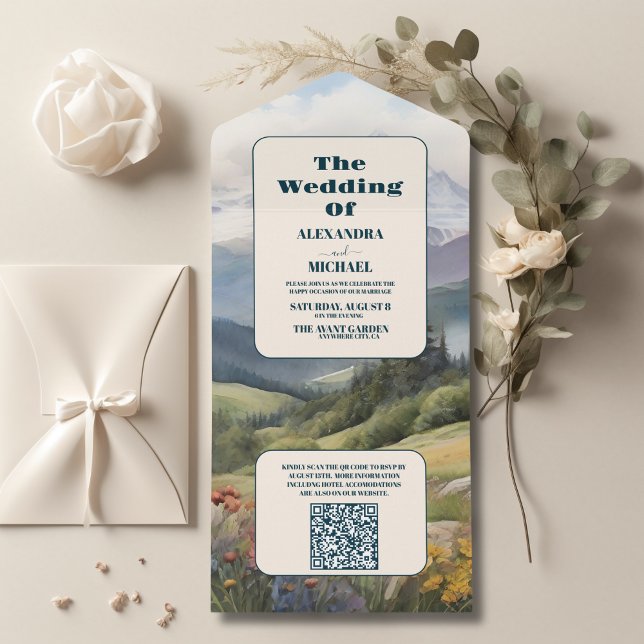 Invitation Tout En Un QR Code Rustic Mountain Meadow Mariage (Créateur téléchargé)