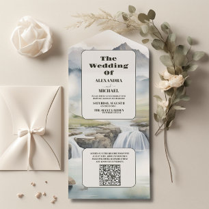 Invitation Tout En Un QR Code Rustic Mountain Waterfall Boho Mariage