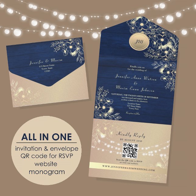 Invitation Tout En Un QR Code Rustic Navy Rose Gold Wedding (Créateur téléchargé)