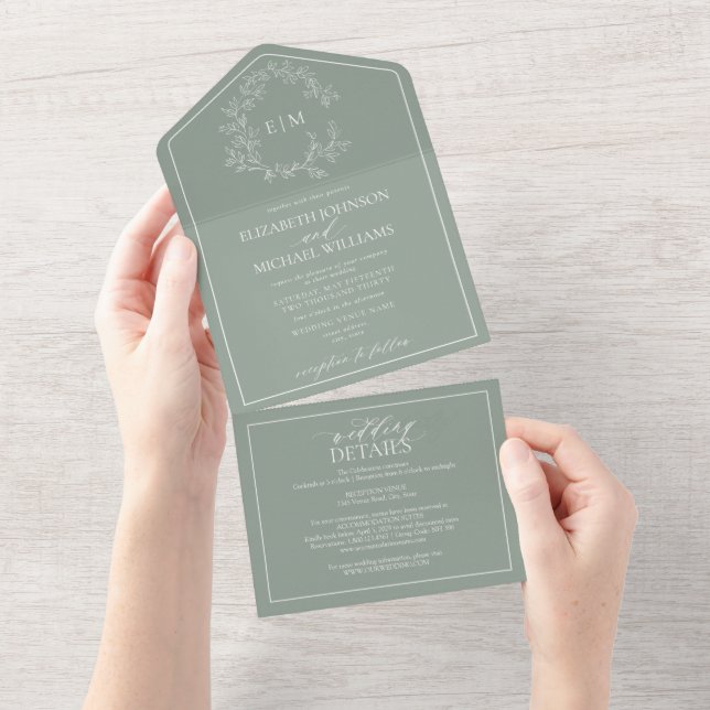 Invitation Tout En Un QR Code Sage Green Leafer Crest Monogram Mariage (Déchirure)