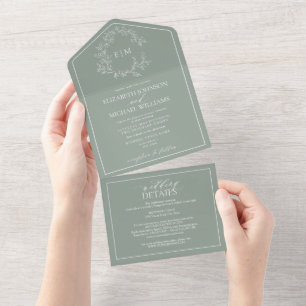 Invitation Tout En Un QR Code Sage Green Leafer Crest Monogram Mariage