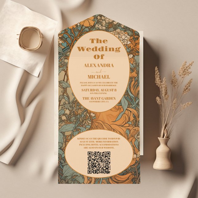 Invitation Tout En Un QR Code Terracotta Floral Art Nouveau Mariage (Créateur téléchargé)