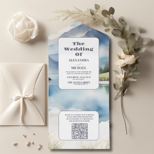 Invitation Tout En Un QR Code Watercolor Mountain Meadow Mariage
