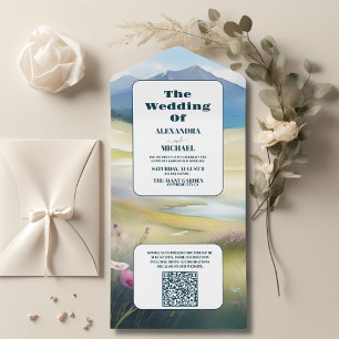 Invitation Tout En Un QR Code Watercolor Mountains Pine Forest Mariage