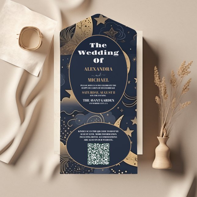 Invitation Tout En Un QR CodeMariage céleste d'or bleu nuit (Créateur téléchargé)