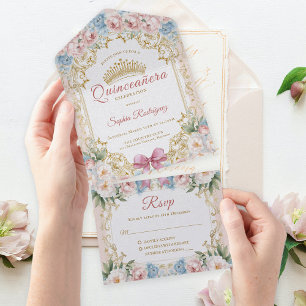 Invitation Tout En Un Quinceañera à poitrine rose classique