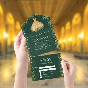 Invitation Tout En Un Quinceanera émeraude or vert robe parties scintill