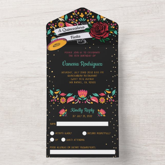Invitation Tout En Un Quinceañera festa mexicaine rose rouge florale mod (À l'intérieur)