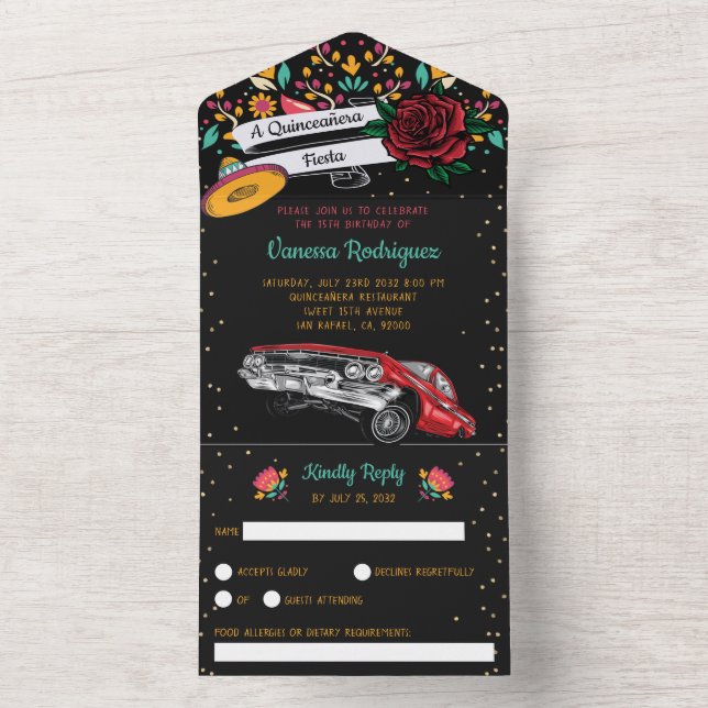 Invitation Tout En Un Quinceañera mexicaine fiesta floral rouge basse (À l'intérieur)