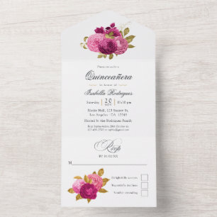 Invitation Tout En Un Quinceañera rose chaude et or Floral