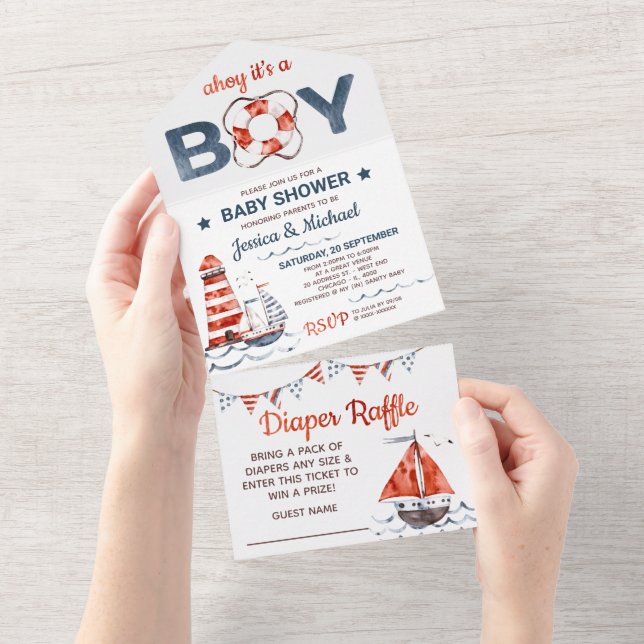Invitation Tout En Un Raffin et Baby shower de couche nautique (Déchirure)