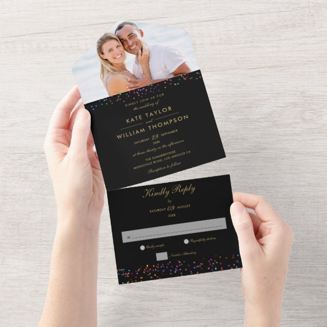 Invitation Tout En Un Rainbow Confetti Monogram Black Gold Photo Mariage (Déchirure)