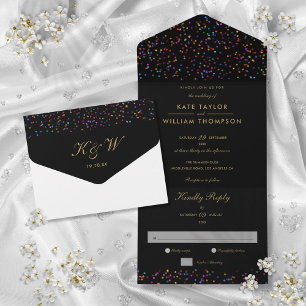 Invitation Tout En Un Rainbow Confetti Noir Et Or Monogramme Mariage
