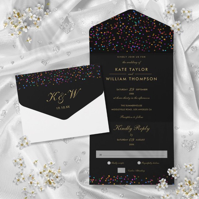 Invitation Tout En Un Rainbow Confetti Noir Et Or Monogramme Mariage (Rainbow Confetti Black And Gold Monogram Wedding All In One Invitation)