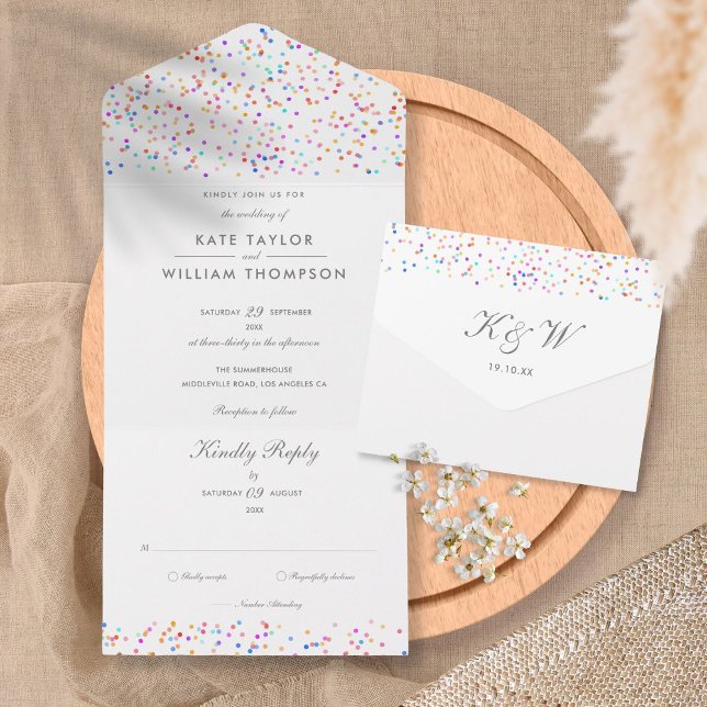 Invitation Tout En Un Rainbow Confetti Script Monogram Mariage (Créateur téléchargé)