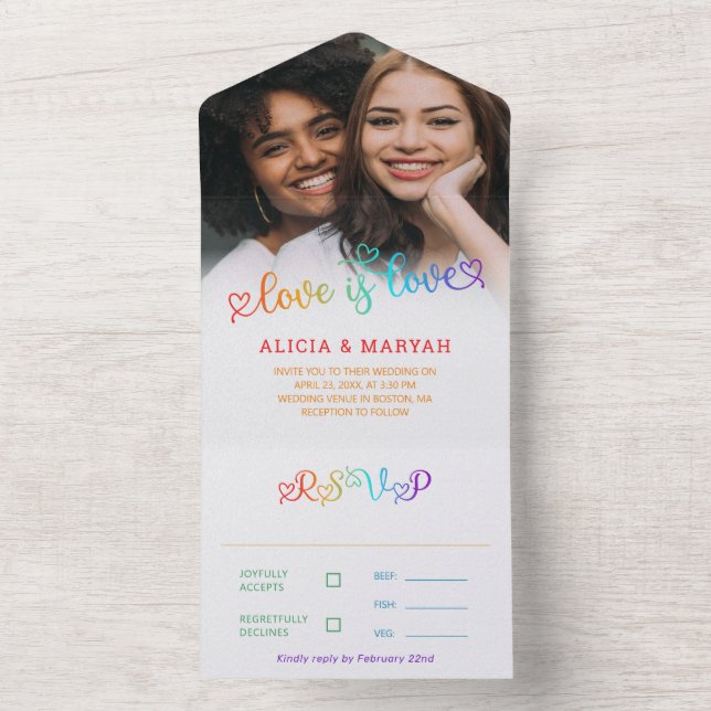 Invitation Tout En Un Rainbow Script dégradant L'amour est Mariage d'amo (À l'intérieur)