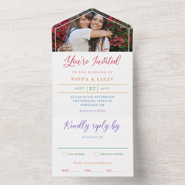 Invitation Tout En Un Rainbow Text Vous êtes invité Photo LGBT Mariage (À l'intérieur)