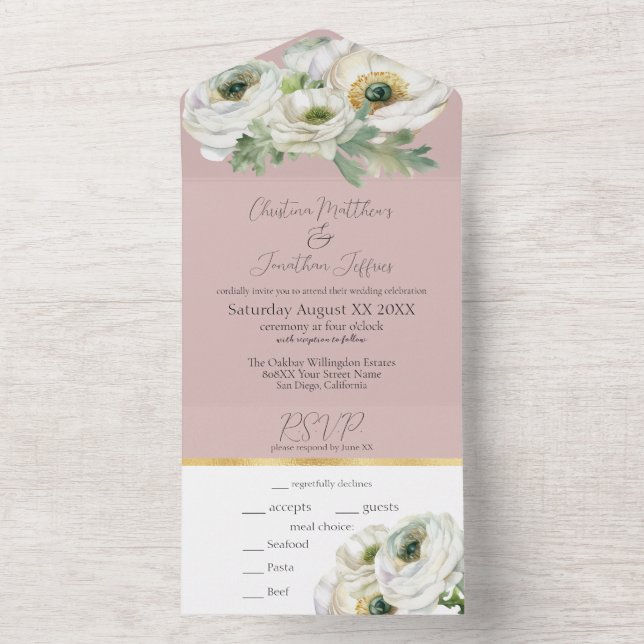 Invitation Tout En Un Ranunculus romantique sur Dusty Pink Blush (À l'intérieur)